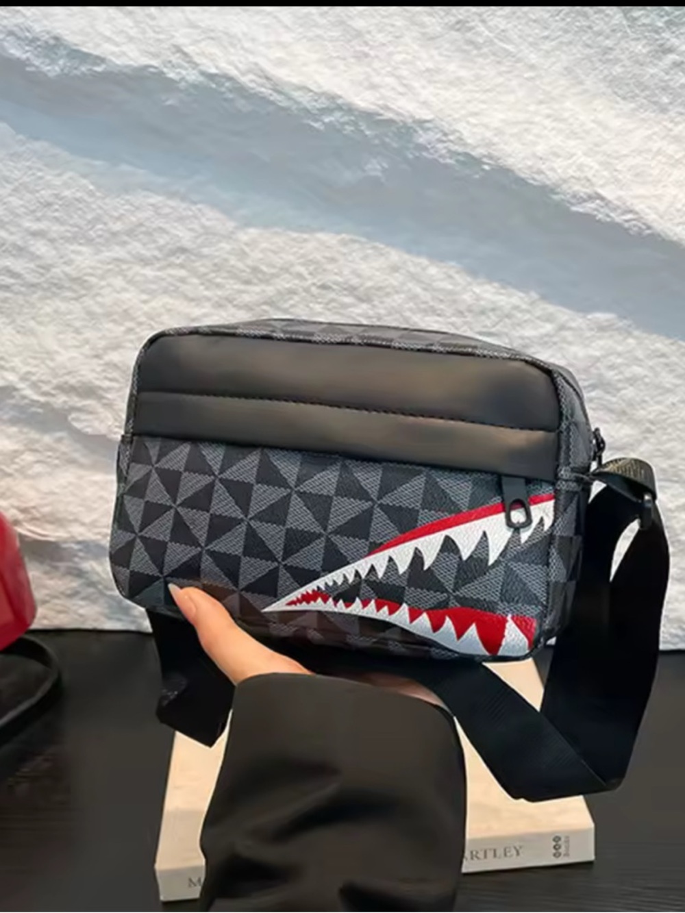 Men's Black Geometric Crossbody Bag with Shark Design